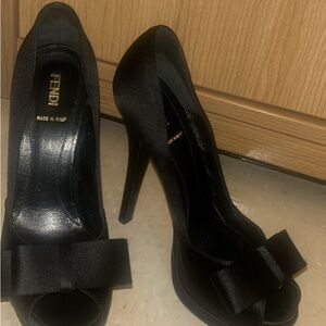 Fendi Black Satin Heels with Bow Accent